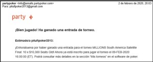 Correo de Party Poker felicitando a nuestro entrevistado por clasificar al torneo en cuestión.